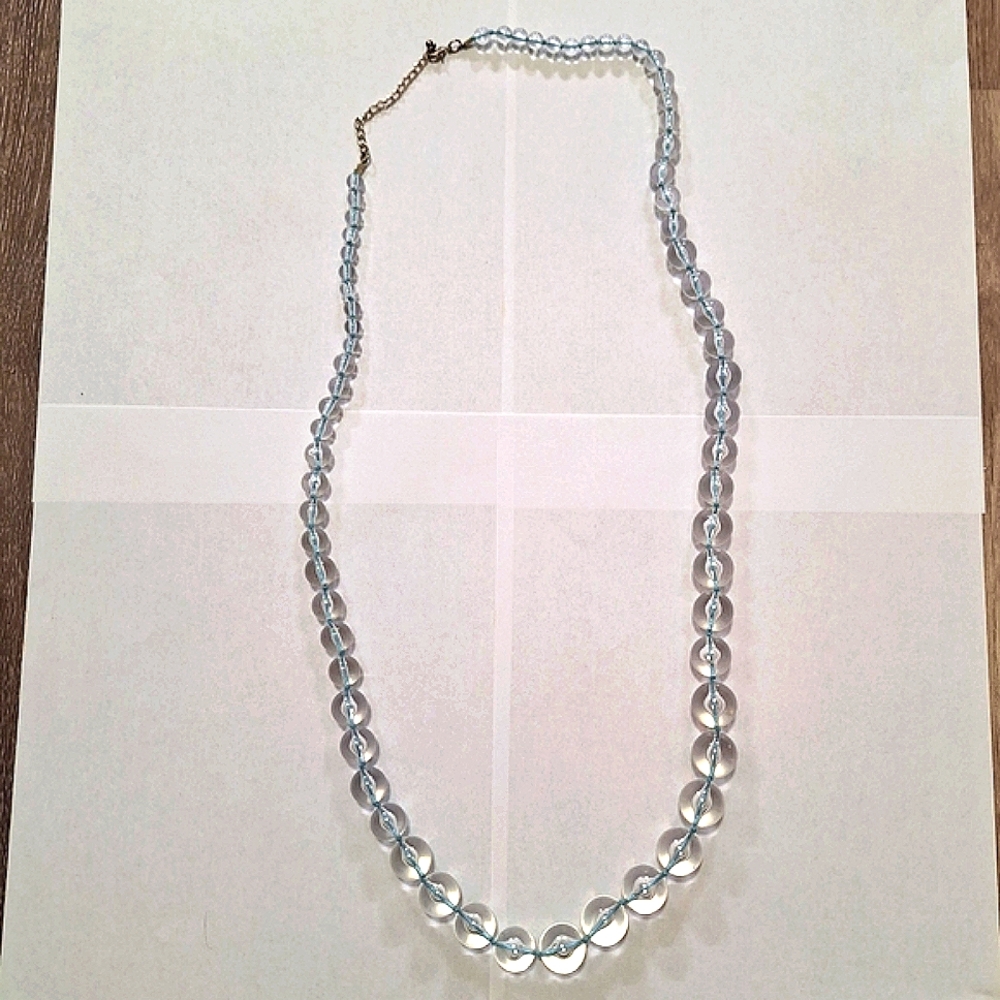 Long Necklace w/ Clear Beads & Blue  Knotted Cord, Adjustable Clasp, 40..5"